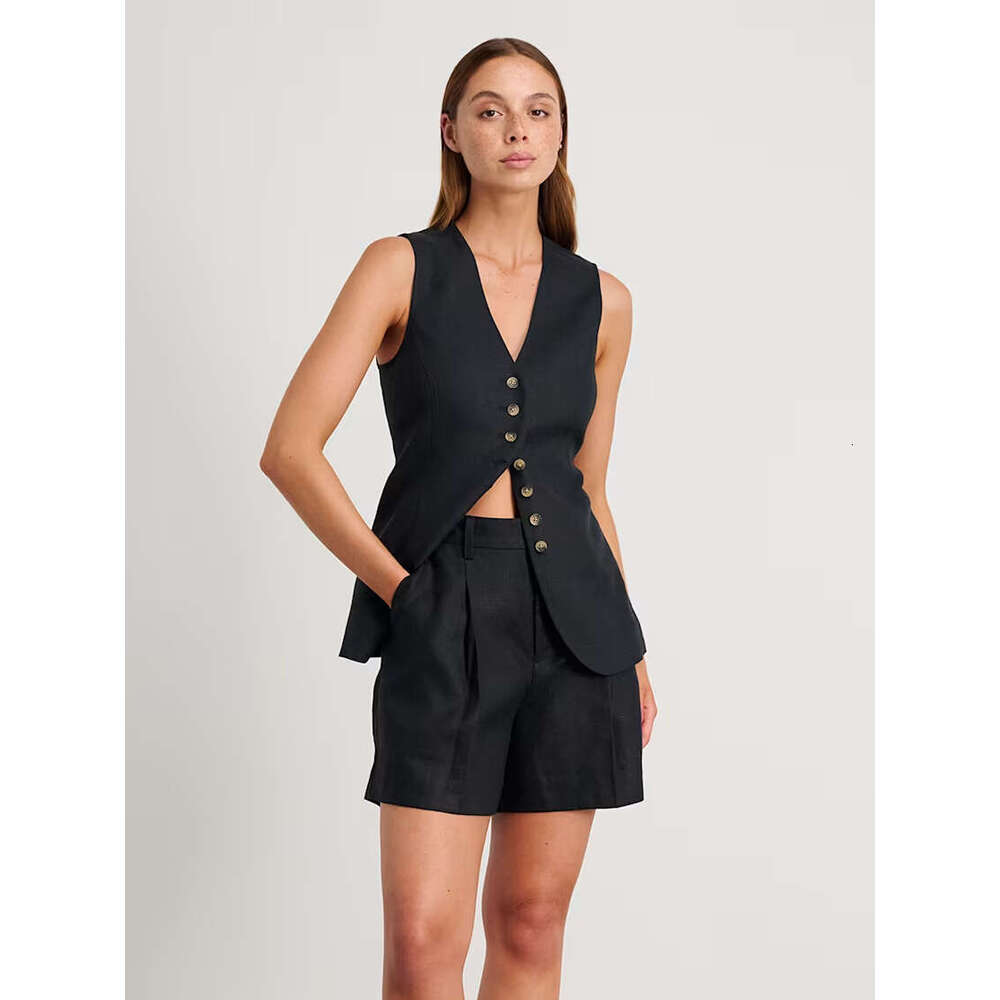 2025 Summer New Commuter Cotton Linen and Cross-Border Vest + Shorts Casual Set for Women