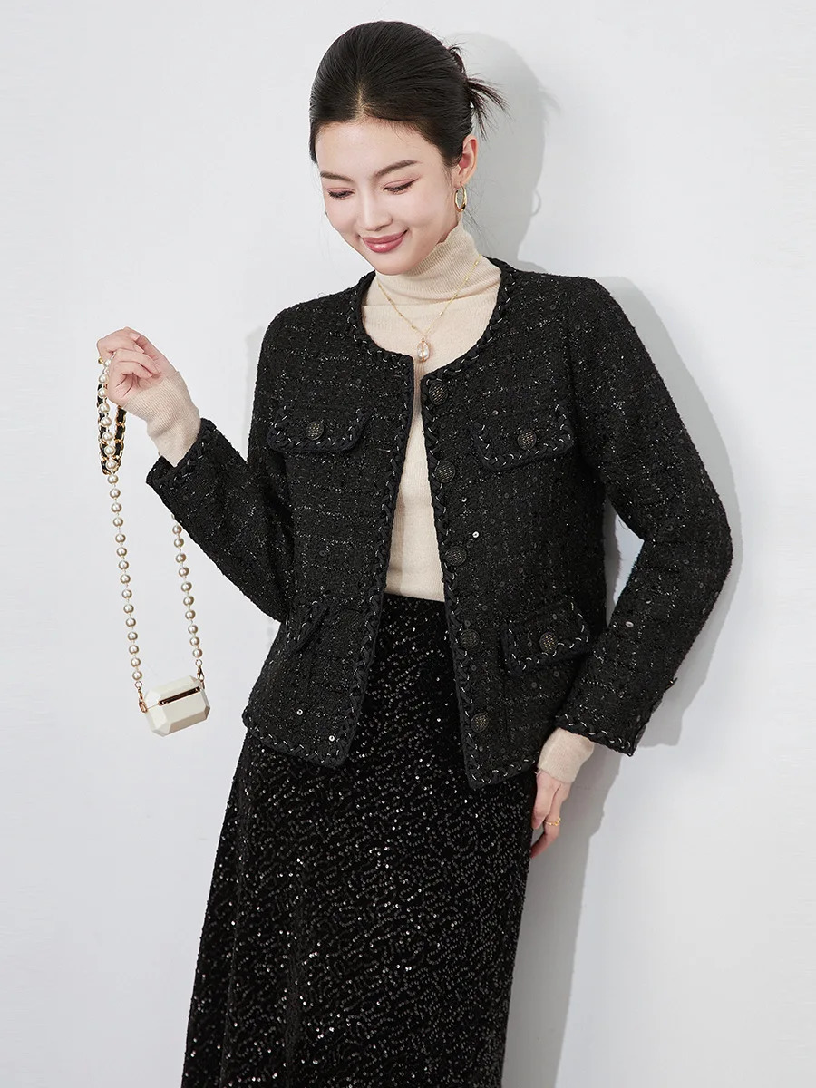 ZJYT Elegant Ladies Black Tweed Woolen Jacket for Women Womens Clothing Winter Coat Single Breasted Outerwear Jacket 250728