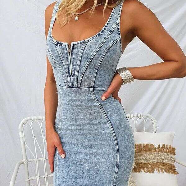 2025 European and American Cross-Border Hot-Selling Short-Sleeve U-Neck Strap Vintage Casual Style Denim Dress