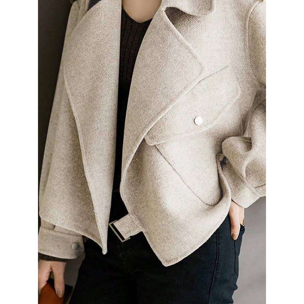 Popular Woman Bomber Coat Autumn Winter Warm Belt Design Woolen Jacket For Women Solid Khaki Elegant New In Outerwears