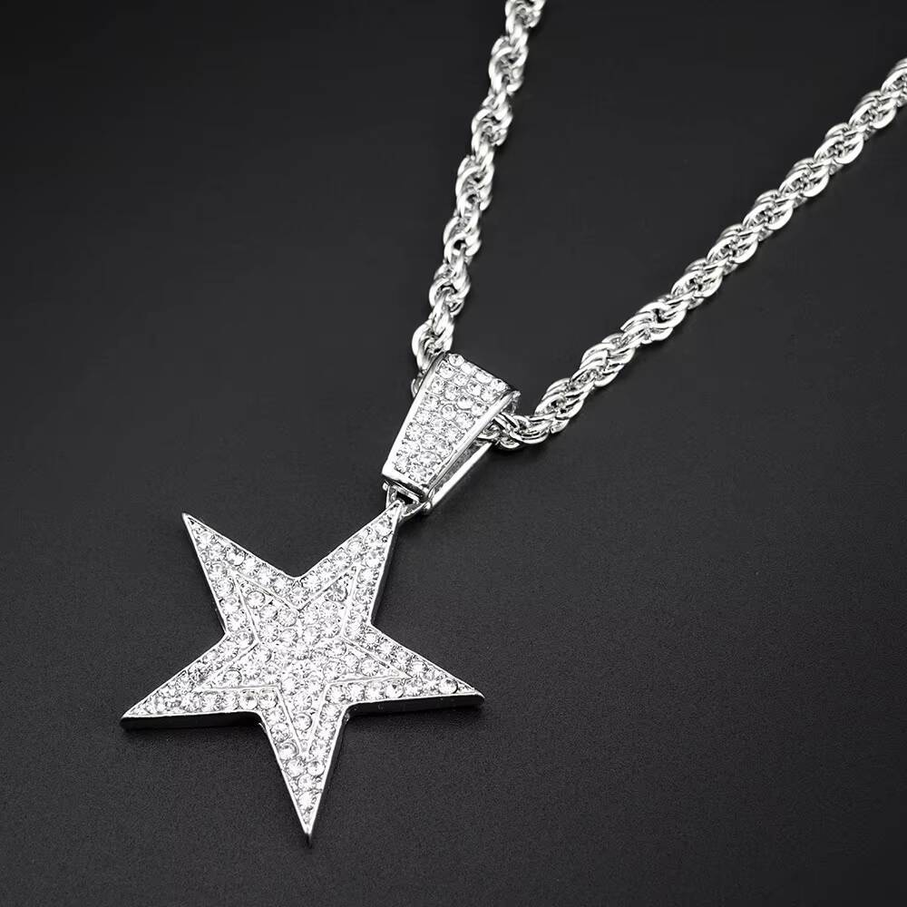 European American Style Hip Hop Five-Pointed Star Necklace Best-Selling Alloy Inlaid Pendant Moissanite Pendants Charms