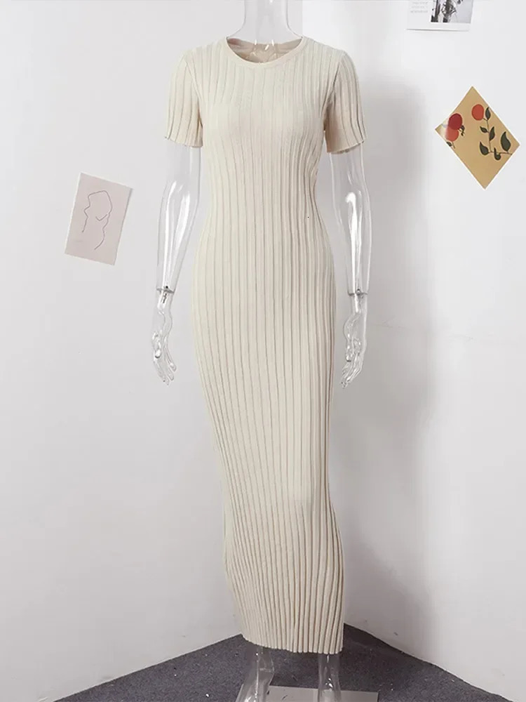Ladies Knitted Short Sleeve Pleated Long Dress Fashion Spring Summer Women Hip Package O Neck Female Dresses 250728
