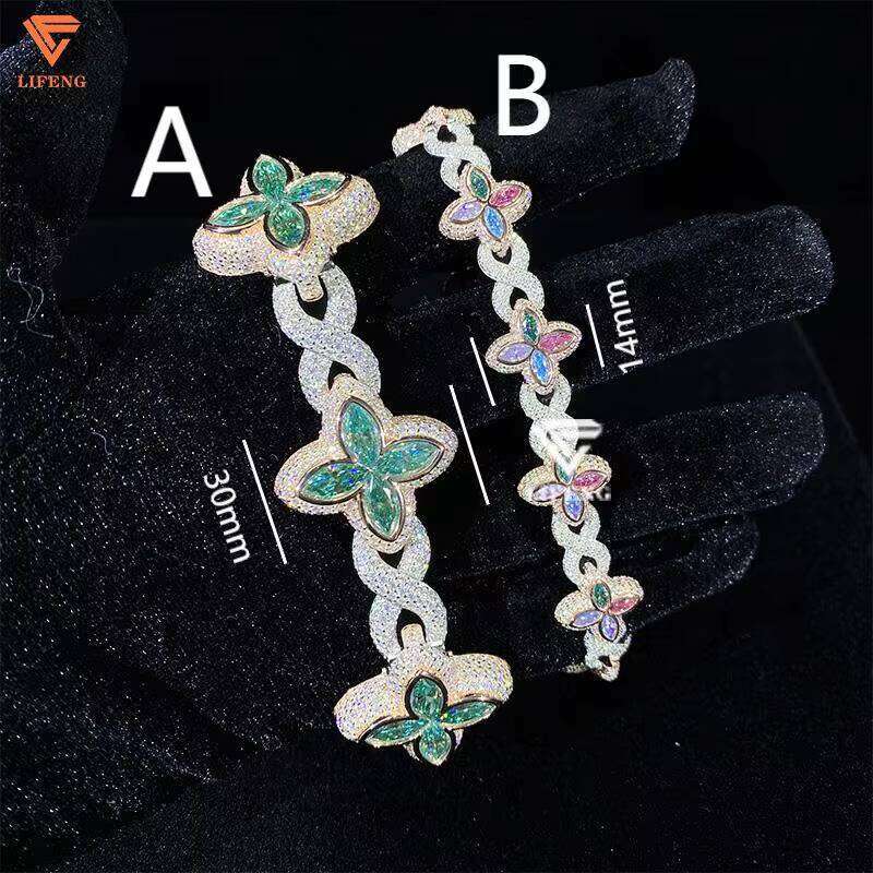 New Design Sier Iced Out VVS Dia Colored Moissanite Bracelet Gold Plated Lucky Clover Bangle for Hip Hop Jewelry