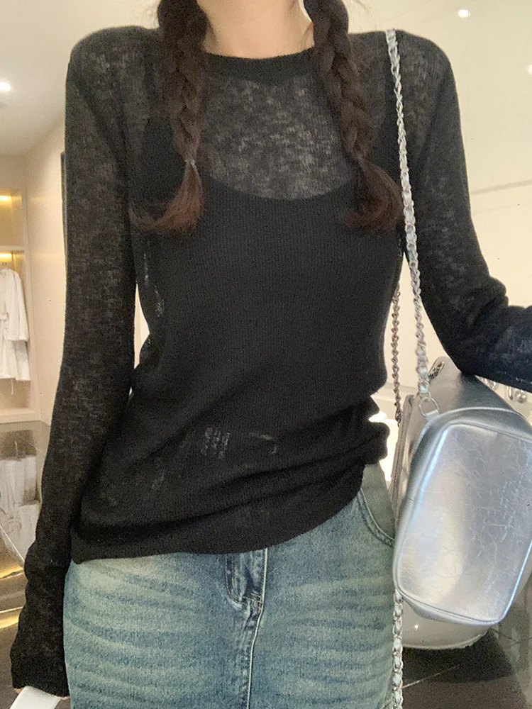 Sexy Knit Seethrough Women Tshirt Tops Solid Long Sleeve O Neck Loose Tshirts Female Casual Streetwear Base Tees 250728