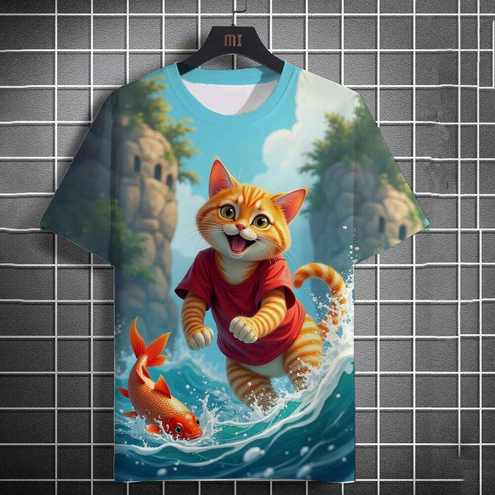Men's Orange Ai 3D Beach Catching Fish Cat Printed Short Sleeve Daily Casual Round Neck T-Shirt Tops