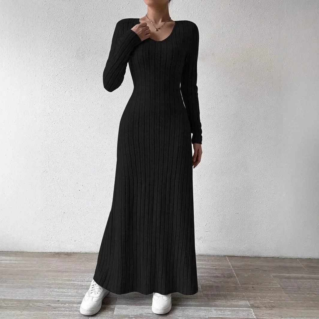 Fashionable Knitted Long Sleeve ALine Streetwear Dress For Women Smooths And Slims Your Silhouette Solid Color Dress 250728