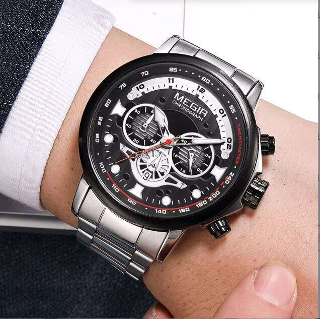 DHwatches MEGIR 2223G Men's Stainless Steel Watch - 48mm Chronograph, Waterproof 30M, Luminous, Date, Business Quartz Watch