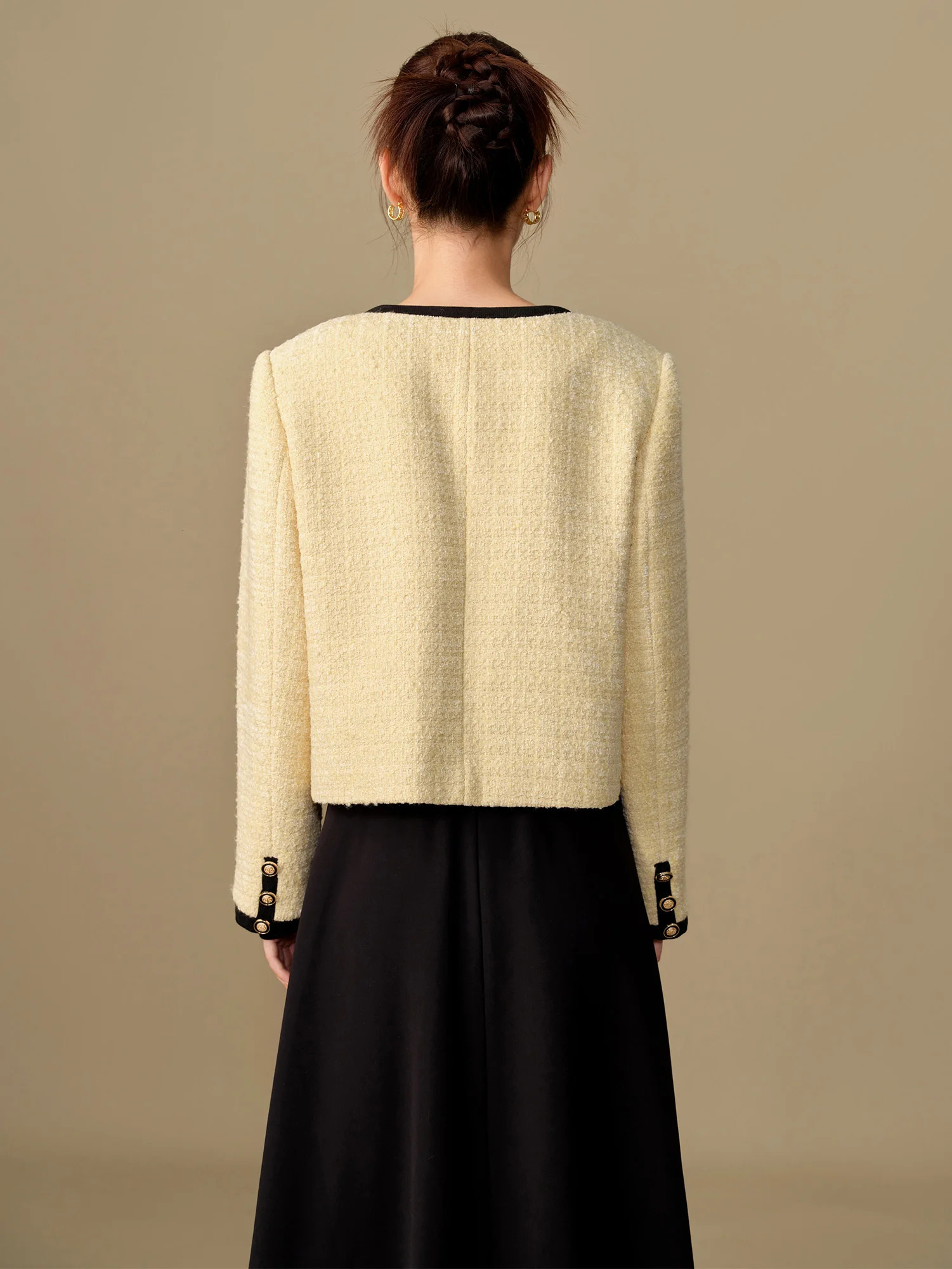 209% Wool Women Short Tweed Jacket Light Yellow Gentle Style Female Winter Thickened Single Breasted Coats 24DS84418 w250728