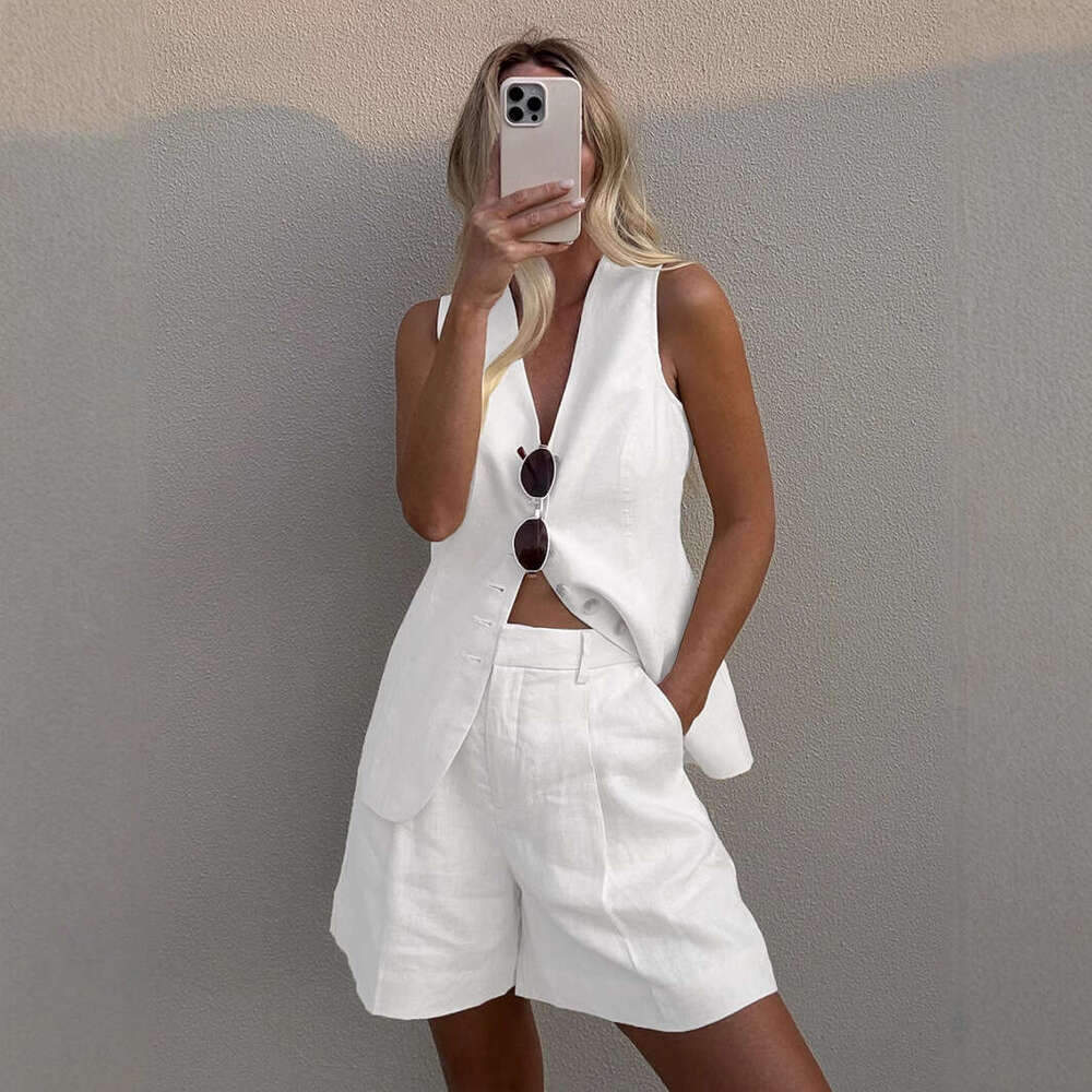 2025 Summer New Commuter Cotton Linen and Cross-Border Vest + Shorts Casual Set for Women