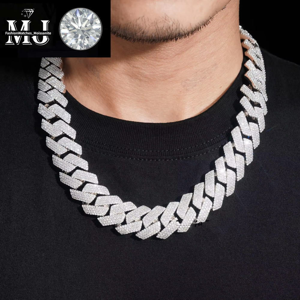 Cuban Link Necklace 3 Row Moissanite 20MM W Gold Chains for Men Prong Chocker S Personalize Iced Out Chain Hip Hop Designer Jewelry