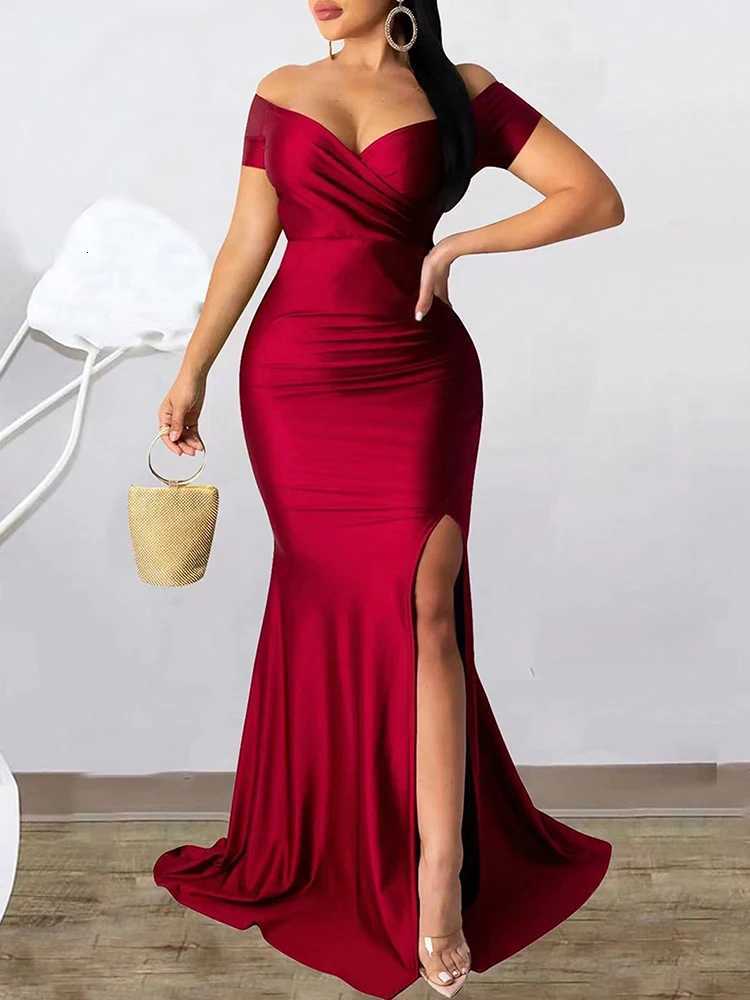 Classic High Slit Evening Dress Women Solid Maxi Long Dresses With Sleeves Wedding Bridesmaid Elegant Party Dresses 2025 Women Z250728