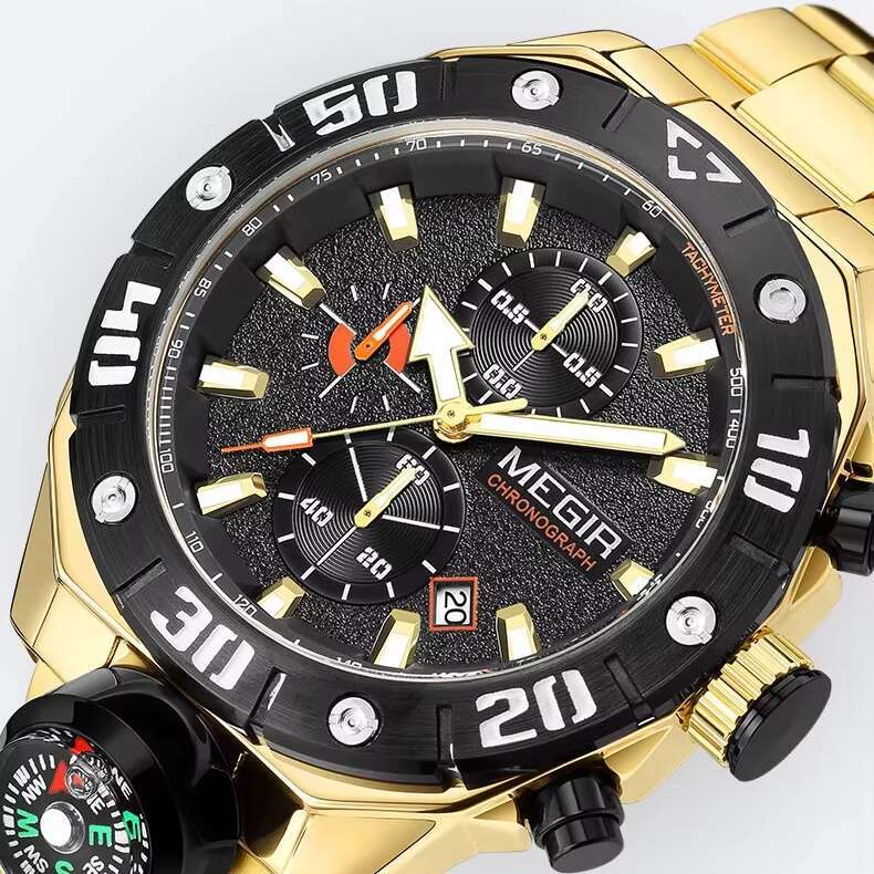 DHwatches MEGIR 2219G Men's Outdoor Sports Watch - 46mm Stainless Steel, Compass, Chronograph, Waterproof 30M, Luminous Dial