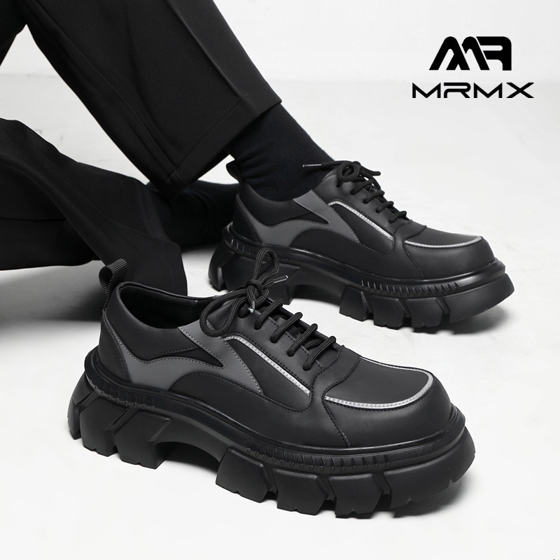 Derby with Big Toe Design, Thick Sole, Reflective Black, Height Increasing, British Style, Casual Men's Leather Shoes