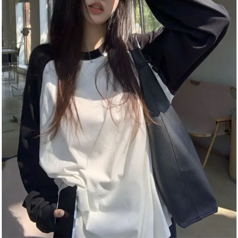 Casual Oversized TShirt Y2K Tops Harajuku Long Sleeve ONeck TShirts Spring Autumn Black White Patchwork Tees Women Streetwear 250728
