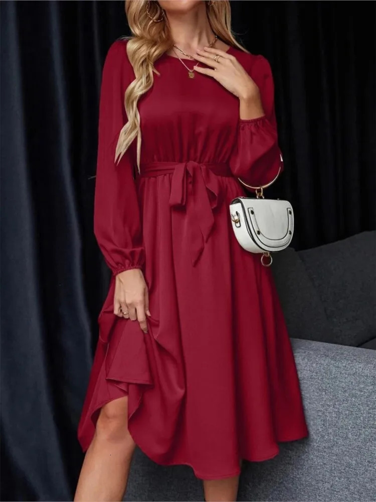 Summer Womens Fashion Lantern Sleeves Keyhole Back Lace Up Waist Satin Round Neck Long Sleeve Medium Length Dress 250728