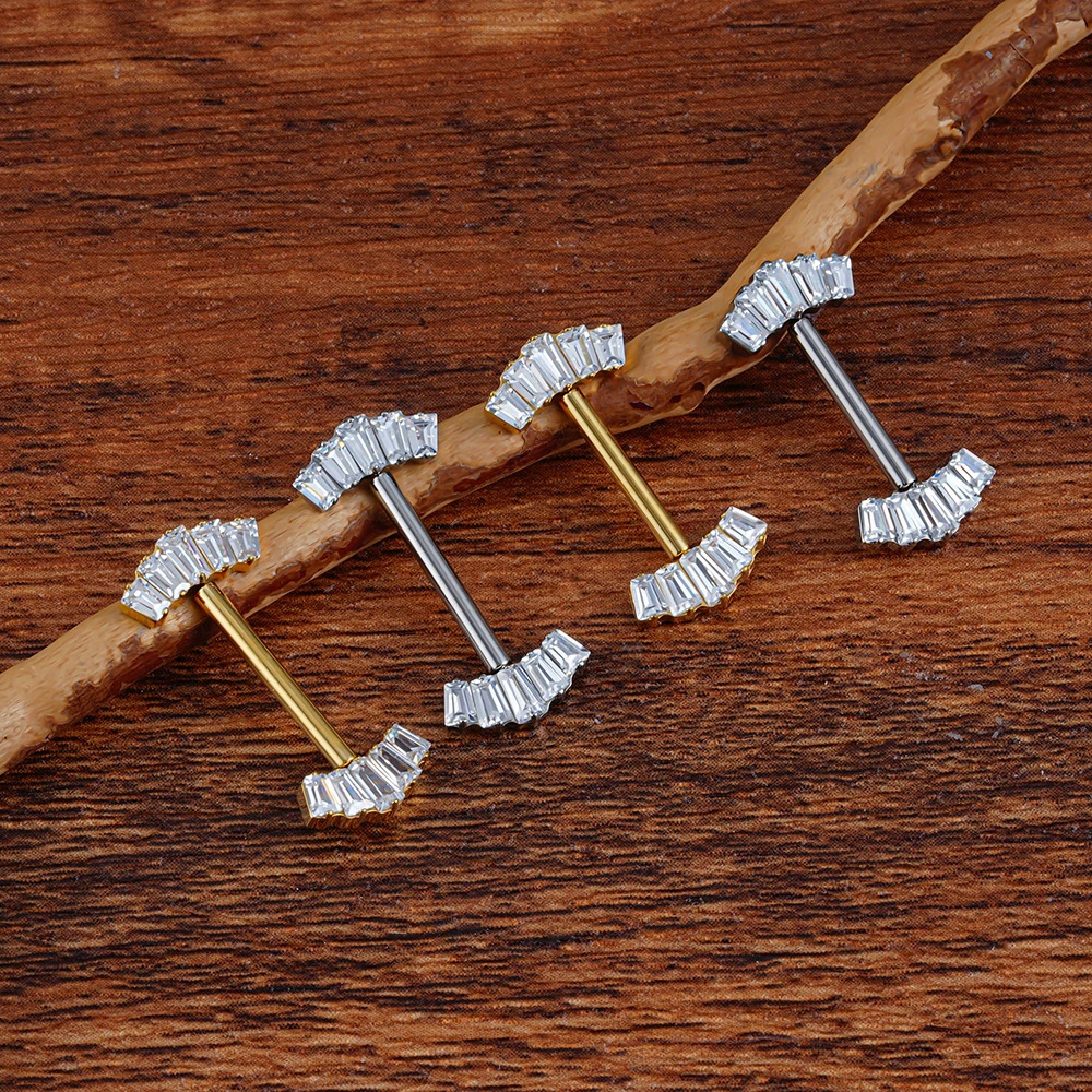 Right Grand ASTM 36 Threadless Push Pin Nipple Shield Barbell Ring with 5-Cluster Baguette CZ Crown Ends 250722