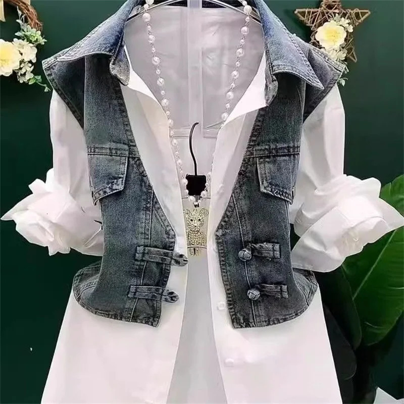 Cow Vest Patchwork Summer Shirt Fake Two-Piece Shirt Womens Cow VPolo Collar Denim Jacket Autumn Button Spring Shirt Lady 250728