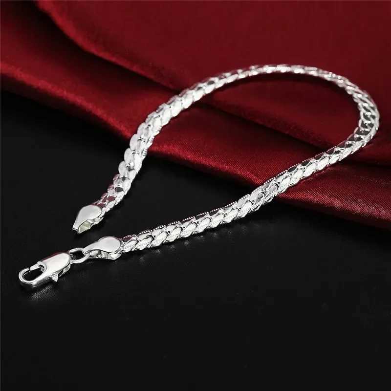 925 Sterling Silver Bracelet 6mm 18cm Flat Side Chain Lobster Clasp For Women Men Wedding Engagement Jewelry Silver Bracelet W250728