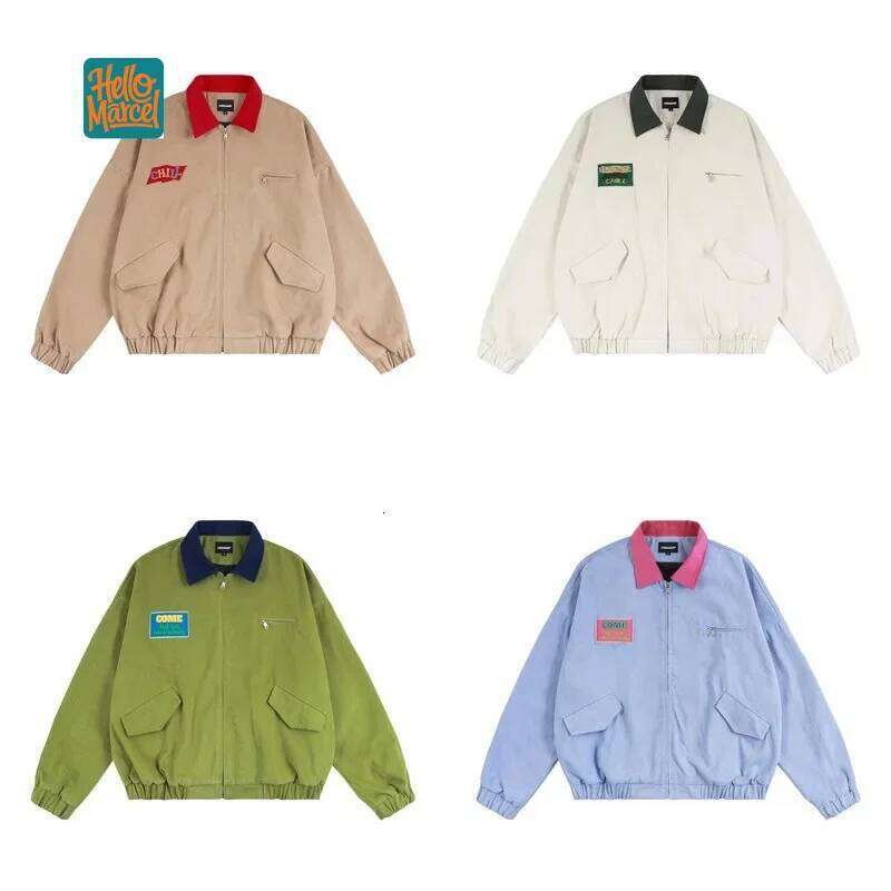 HELLOMARCEL Top Quality EU US Size Unisex Loose Fit Zipper Turn-down Collar Cotton Twill Work Jacket for Men and Women