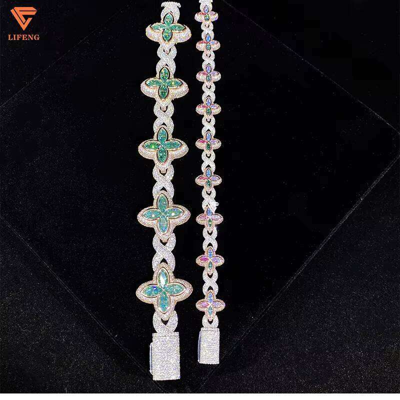 New Design Sier Iced Out VVS Dia Colored Moissanite Bracelet Gold Plated Lucky Clover Bangle for Hip Hop Jewelry