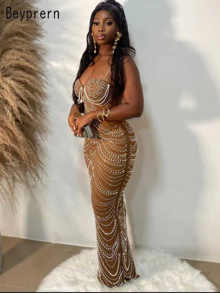 Beyprern Beautiful Gold Beaded Bodycon Evening Gown Sparkle Pearls Rhinestone Long Dresses Birthday Party Outfits New Year Gowns Z250728