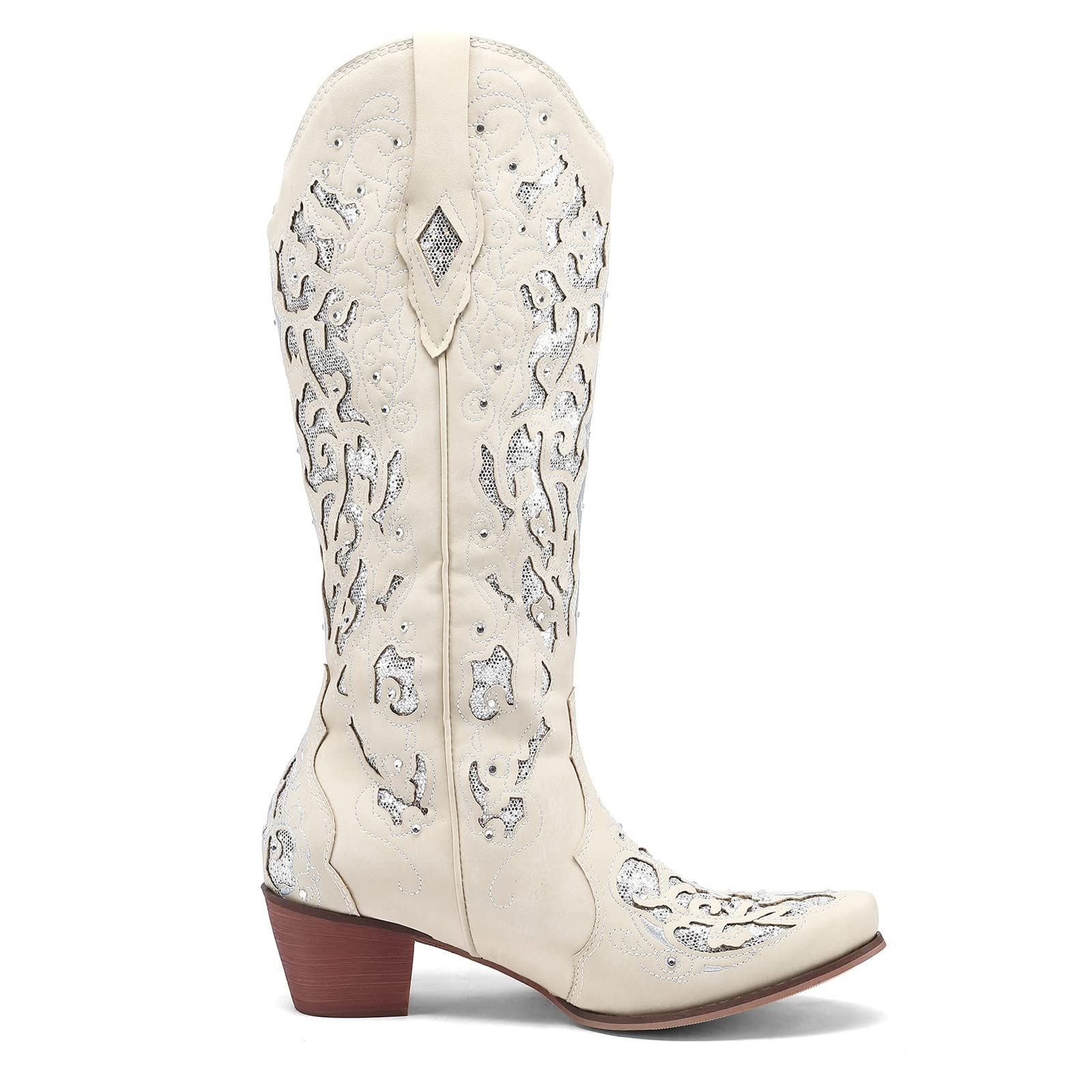 ARQA Cowboy Boots for Women Wide Calf Western Knee High Boots with Rhinestone Chunky Heel Embroidered Cowgirl Boots
