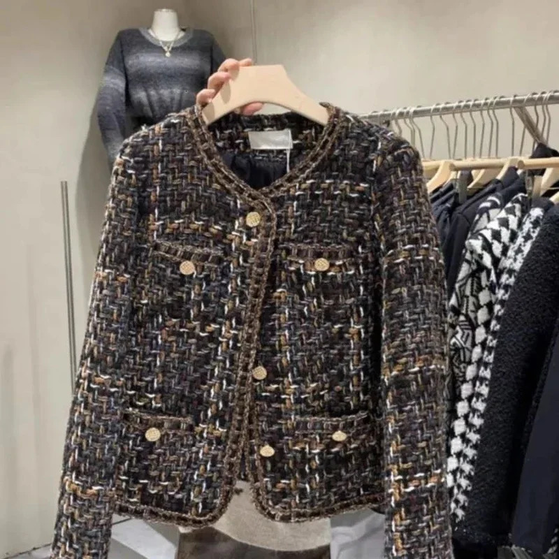 Autumn Winter Vintage Tweed Jacket Coat Women Small Fragrance Patchwork Korean Woolen Cropped Coats Elegant Short Outerwear 250728