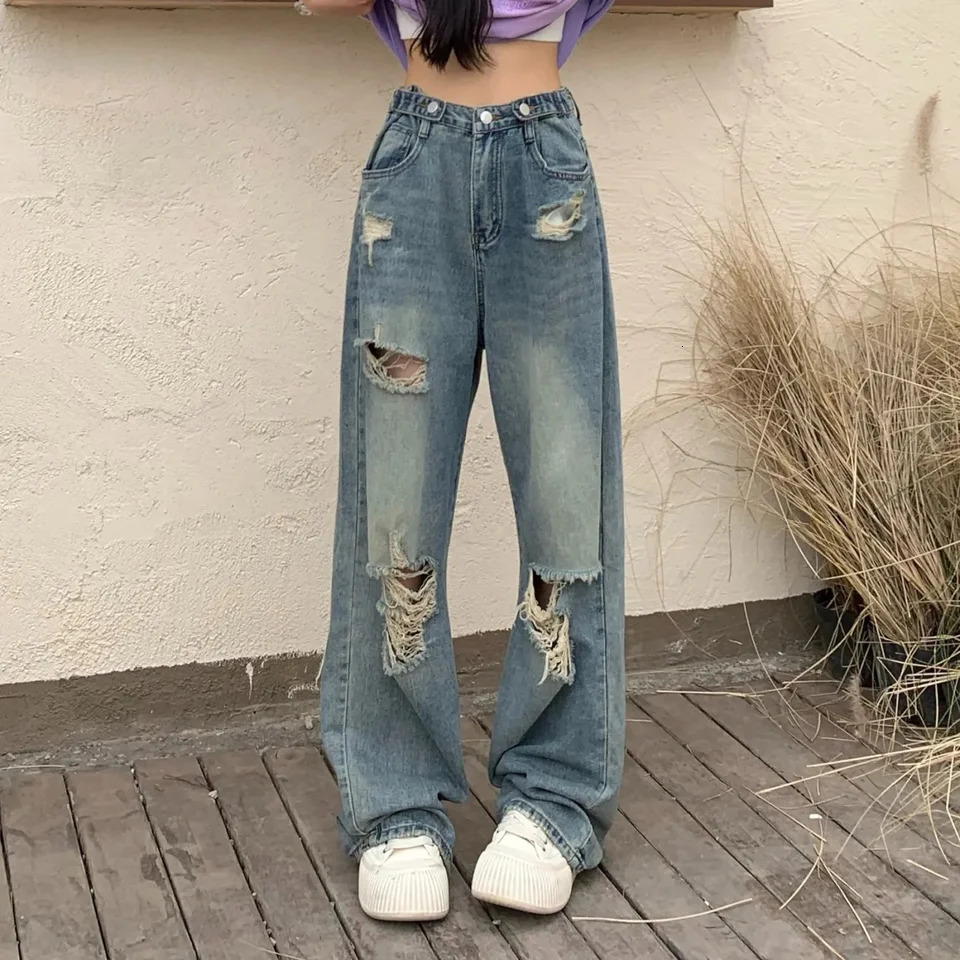 Vintage Hole Y2k Womens Jeans High Waisted Wide Leg Loose Straight Hiphop Street Wear Floor Length Denim Pants 250717