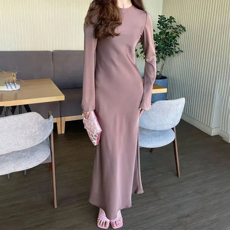 Summer Round Neck Long Dresses with Sleeves Solid Color in Evening Womens Dresses w250728