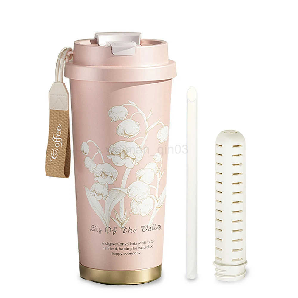1pc 500ml Travel Leak-proof Coffee Cup with Straw Stainless Steel Vacuum Insulated Bottle Cup Portable Straw Cup Thermos Cup T250728