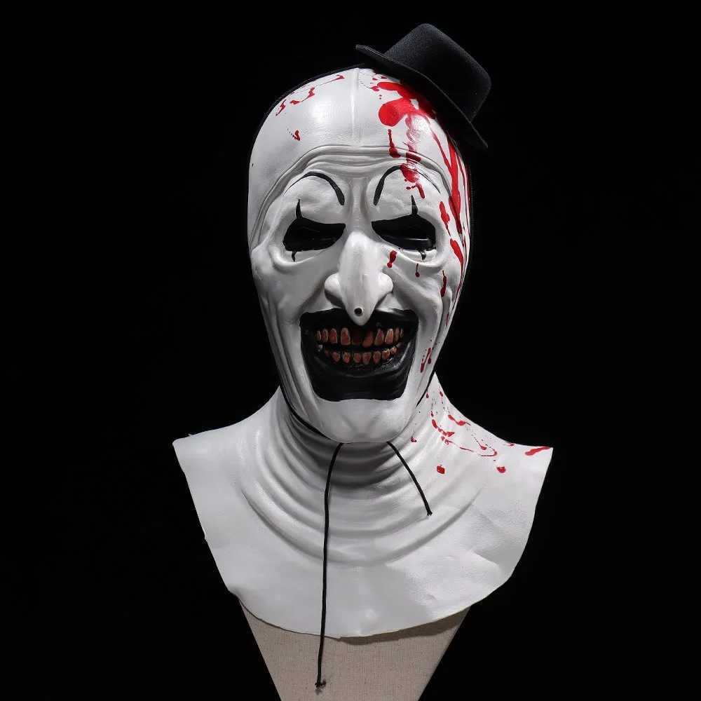 Horror Terrifier Art The Clown Mask Cosplay Creepy Bloody Demon Evil Joker Hat Latex Helmet Halloween Party Costume Props XJ250728