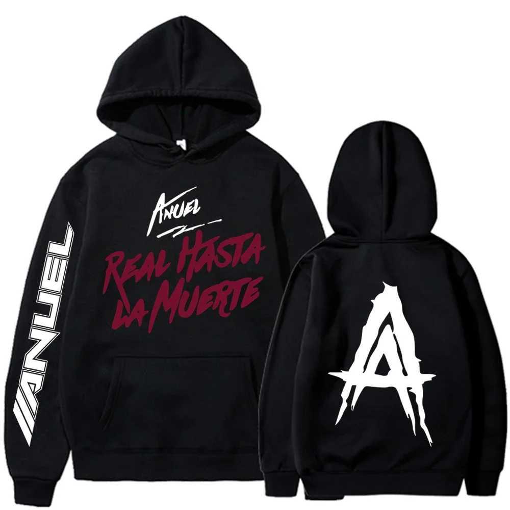 Autumn Fleece Mens Hoodie Anuel AA Real Hasta La Muerte Print Sportswear Street Clothing Rapper Loose Pull Off Casual Hoodie Top W250408
