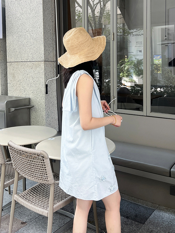 F7283 Blue cotton blended pleated vest skirt