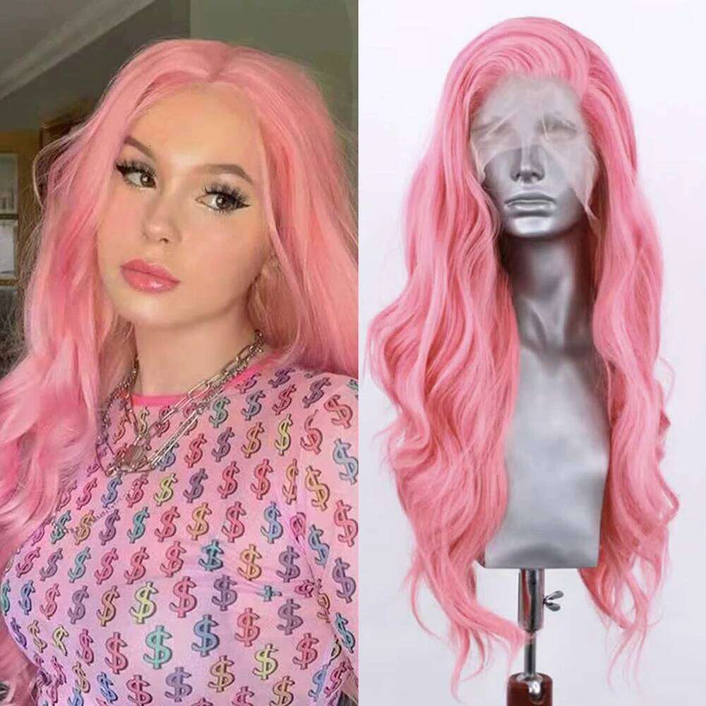 Synthetic Frontal Body Lace For Women Heat Resistant Hair Long Wave Wig Pastel Pink Daily Use Cosplay