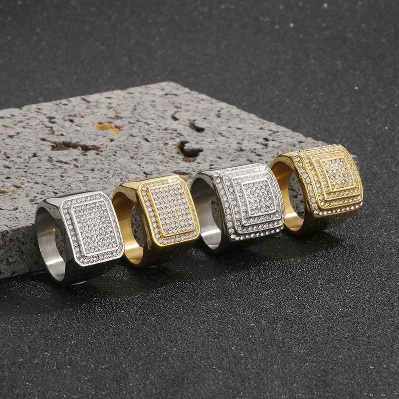 Mens Stainless Steel Simple Micro Pave CZ Square Ring Half Ring Hip Hop Jewelry Gift 250723