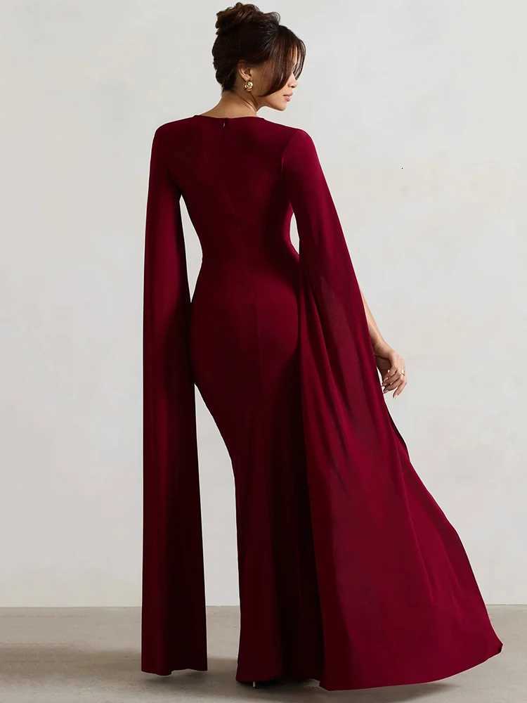 Mozision Long Cape Sleeve Split Maxi Dress for Women Fashion Solid Square Collar Evening Sexy Long Dress Elegant New Z250728