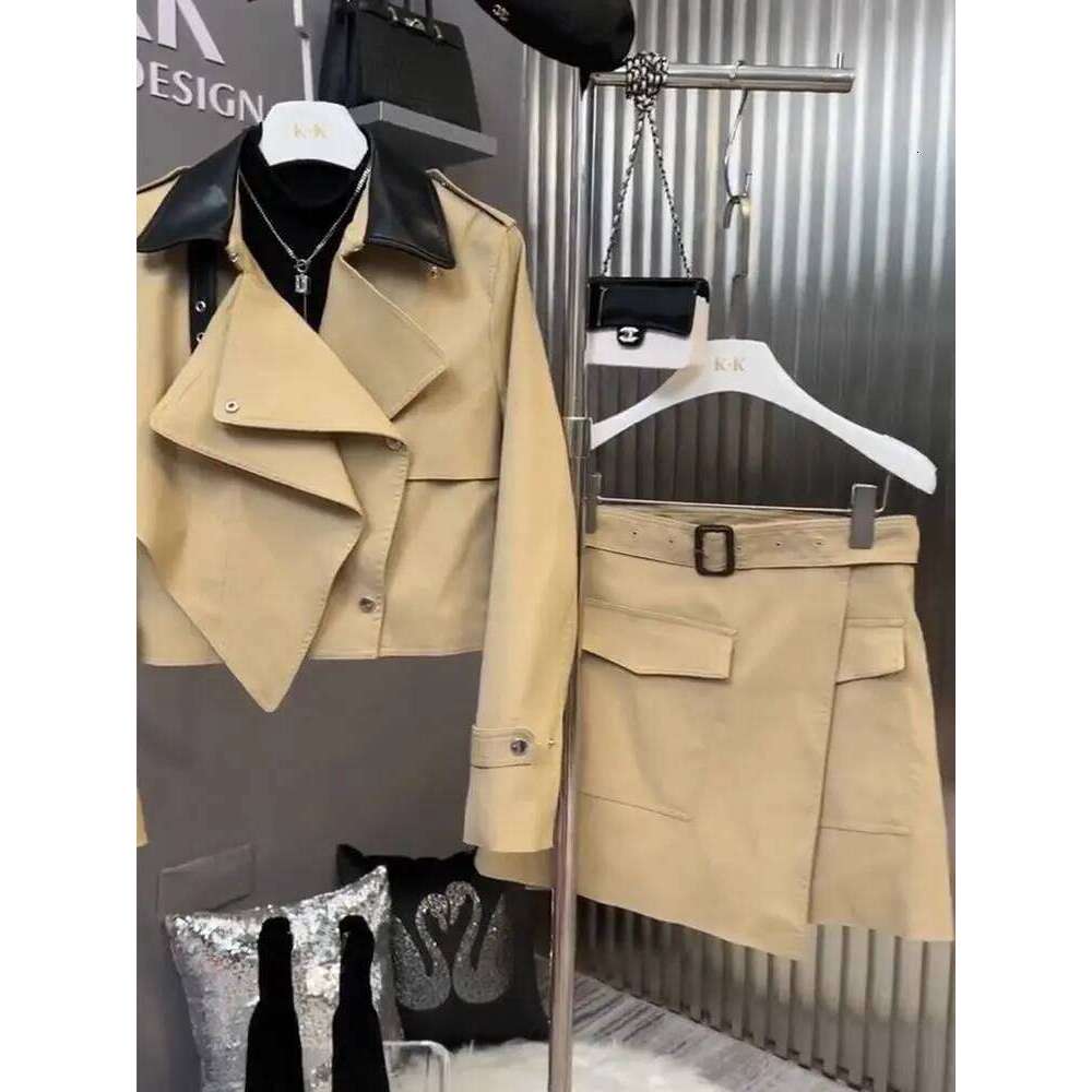 Autumn New Fashionable Trendy Cool Two-piece High-end Simple Khaki Jacket Short Skirt Set for Women
