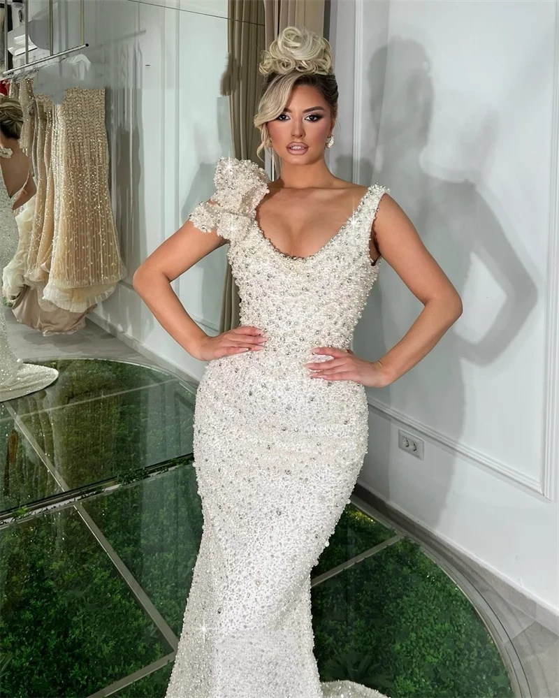 Classic Mermaid Wedding Dress Jewel Neck Sleeveless Bridal Gowns Sequins Pearls 3D Floral Sweep Train Dresses Custom Made vestidos de novia