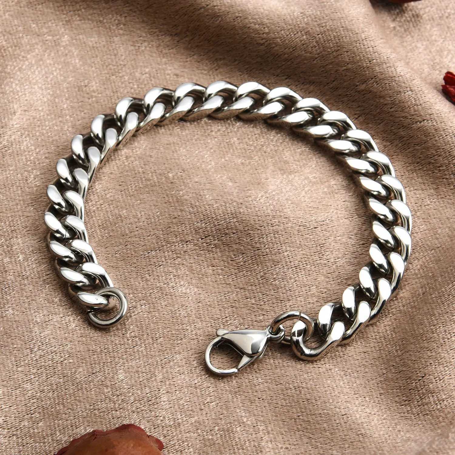 10mm Mens Bracelets Stainless Steel Curb Cuban Link Chain Silver Color Bracelet For Men Jewelry W250728