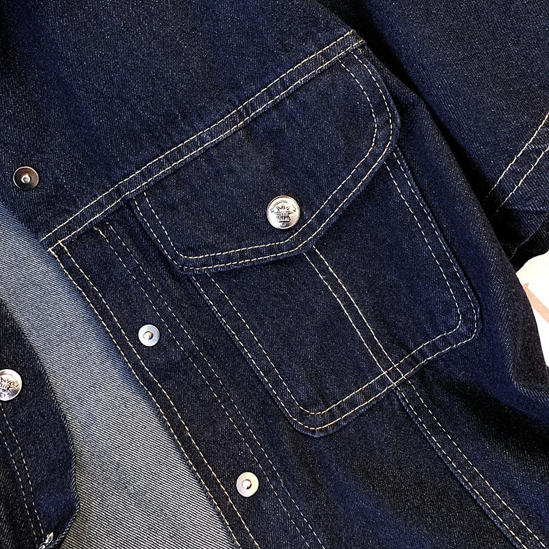 Deep Blue Short Sleeve Denim Jacket For Women Spring/Summer Lapel Single Breasted Korean Loose All-Match Short Casual Top 250728