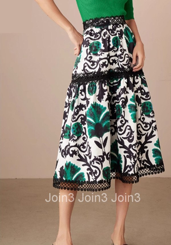 Summer New Printed High Waist Mid-Length Skirt Versatile A-Line Patchwork Floral Half Skirt 1718