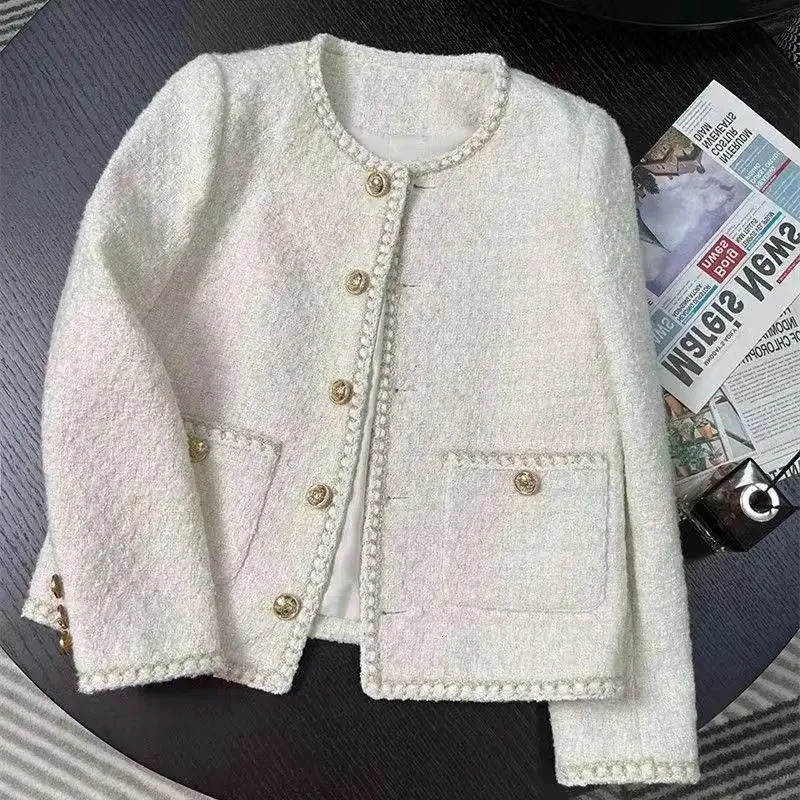 Spring Autumn Of The Season Korean Style Beige French Short Coat Womens Thickened Tweed Jacket Crew Neck Loose Fit 250728