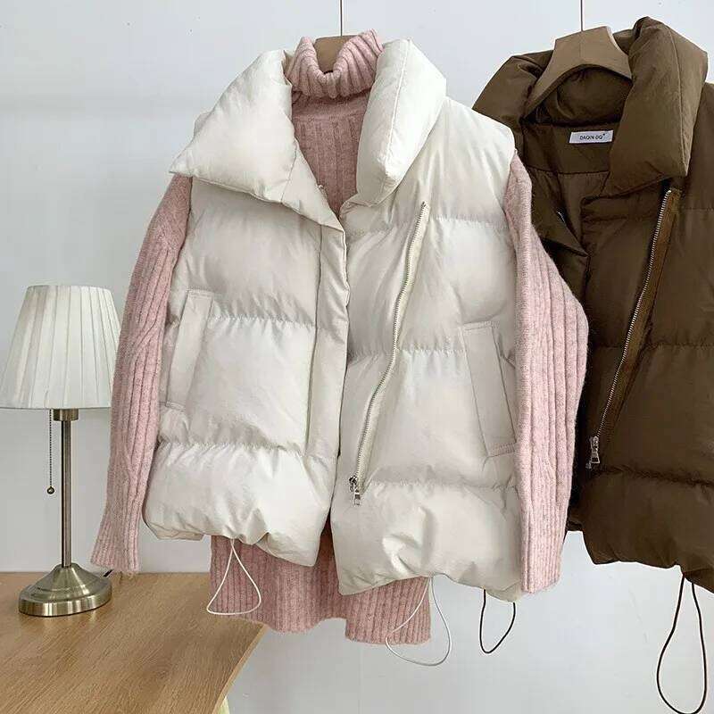 Fashion Autumn New 2024 Stand Collar Elegant Down Coats Warm Outerwear Casual Belt Sleeveless Winter Women Vests Jackets
