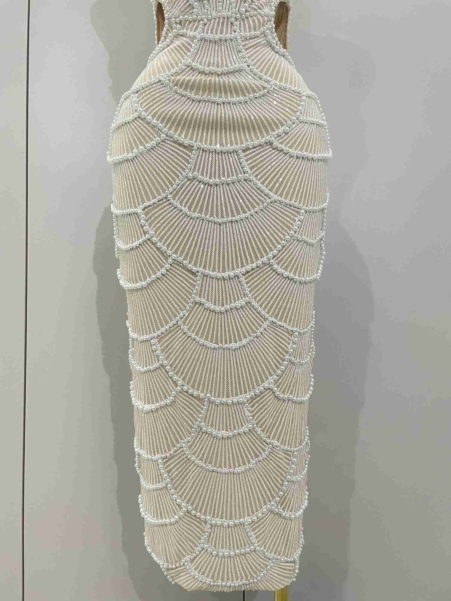 Women Hot Sale Sleeveless Sexy Strap Pearl Beading Sequins Bodycon Long Dress for Celebrating Evening Party Birthday Outfit Vestido Z250728