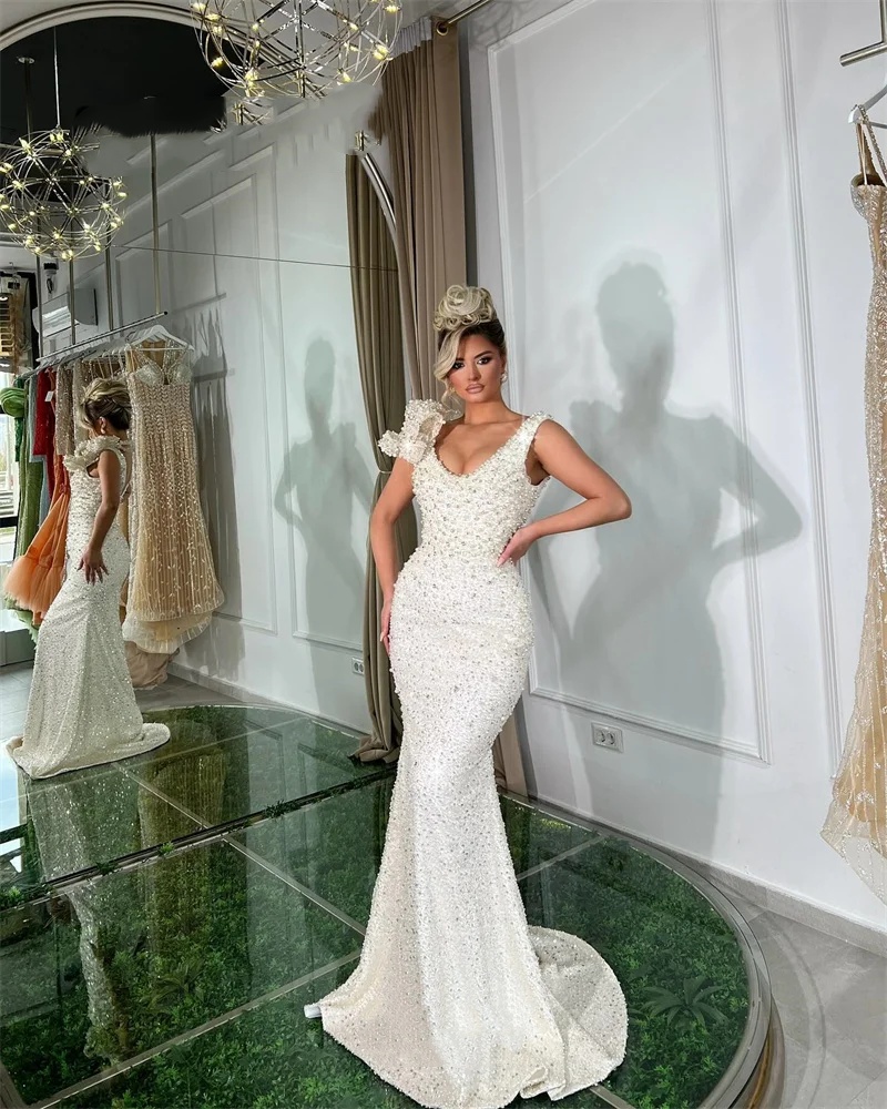 Classic Mermaid Wedding Dress Jewel Neck Sleeveless Bridal Gowns Sequins Pearls 3D Floral Sweep Train Dresses Custom Made vestidos de novia