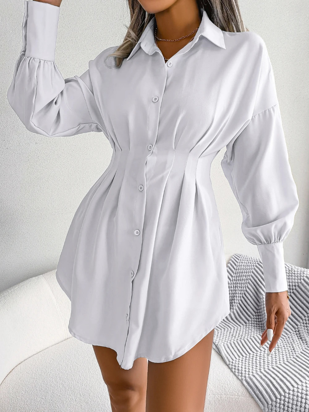 Women Casual Buttons Long Sleeve Shirt Dress Autumn Clothing White Blue Army Green 250728