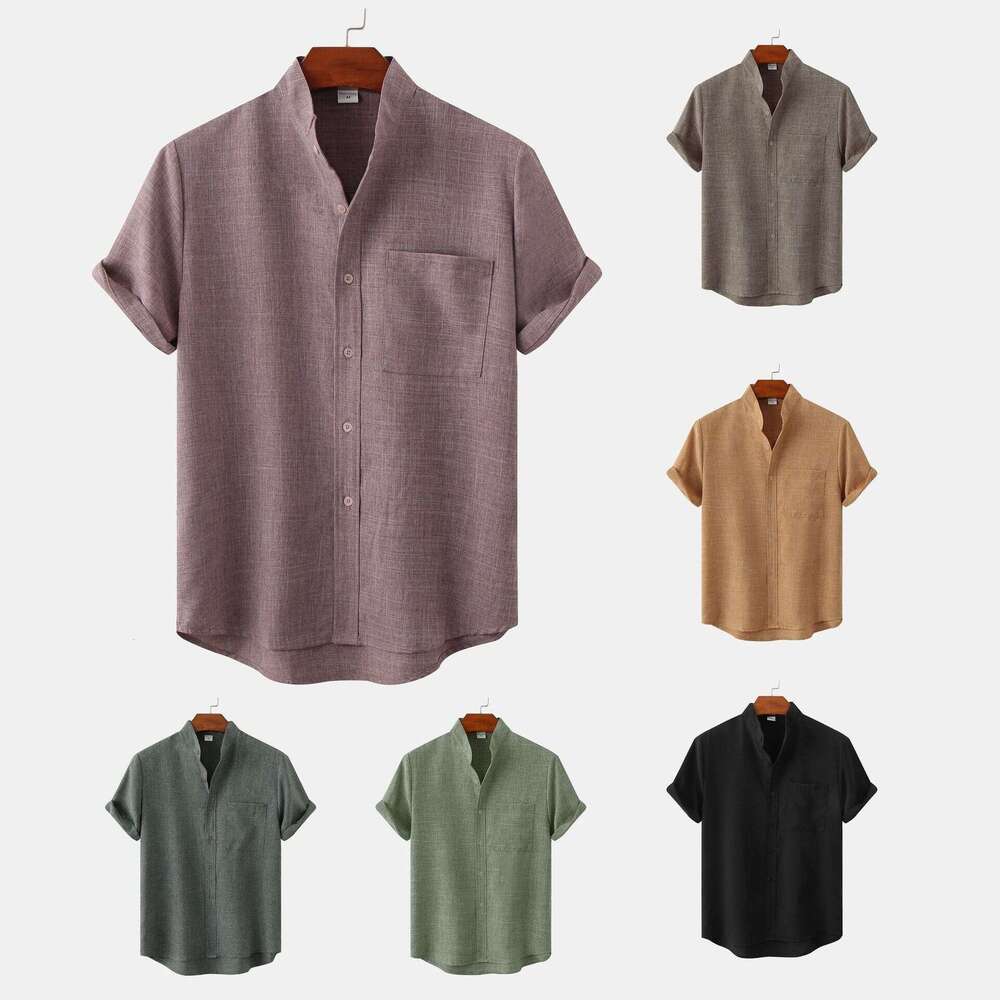 2025 Summer New Men's Short Sleeve Solid Color Cotton Linen Shirt
