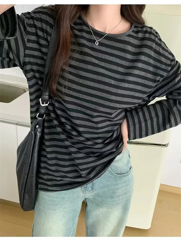 Autumn Women Harajuku Striped TShirt Long Sleeve ONeck Casual Oversize Top Femme Streetwear Black Gray Loose Street Tops Y2K 250728
