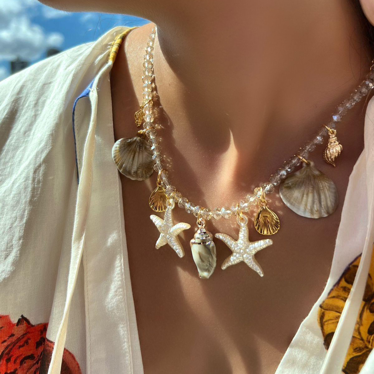 Summer Ocean Style Conch Shell Fashion Transparent Beaded Beach Vacation Starfish Necklace Jewelry for Women