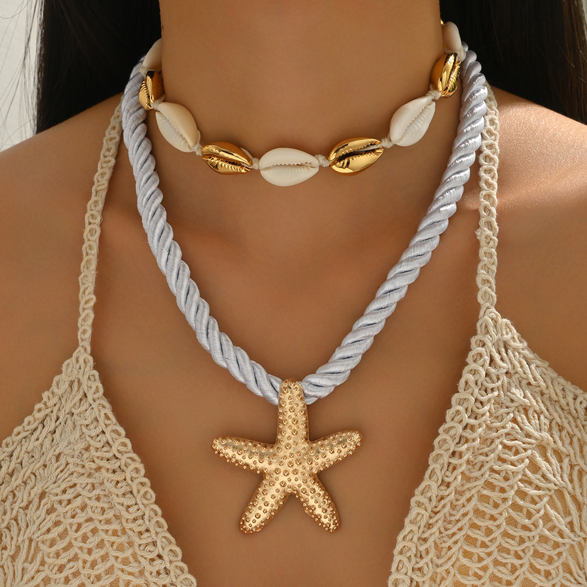 Summer Exaggerated Beach Style Alloy Starfish Fashionable Elegant Handmade Shell Collarbone Chain Necklace for Women Jewelry for Women